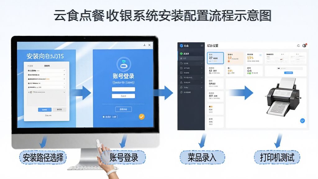 云食点餐收银系统安装配置流程示意图,主体为电脑屏幕上安装向导与后台设置界面,布局从左到右依次为安装路径选择、账号登录、菜品录入、打印机测试,排版步骤清晰,风格为教程图解风,细节包含箭头指引与文字标注,画质高清,干净无多余元素