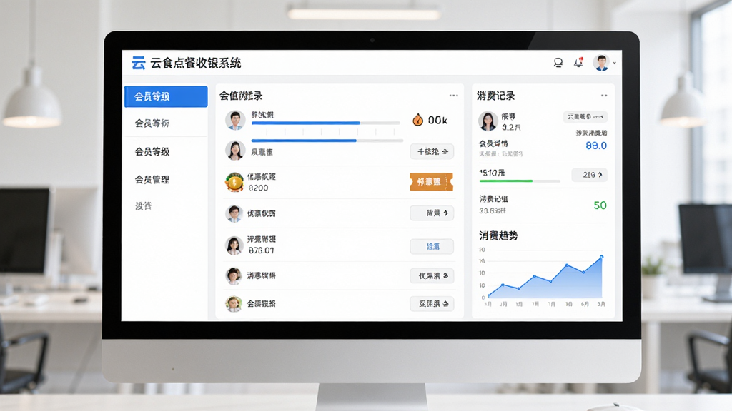 云食点餐收银系统会员管理后台界面,主体为电脑屏幕显示会员列表与储值记录,布局左侧为会员等级导航、右侧为会员详情与消费记录,排版规整,风格为商务蓝白配色,细节包含积分进度条、优惠券图标、消费趋势小图表,画质高清,干净无多余元素