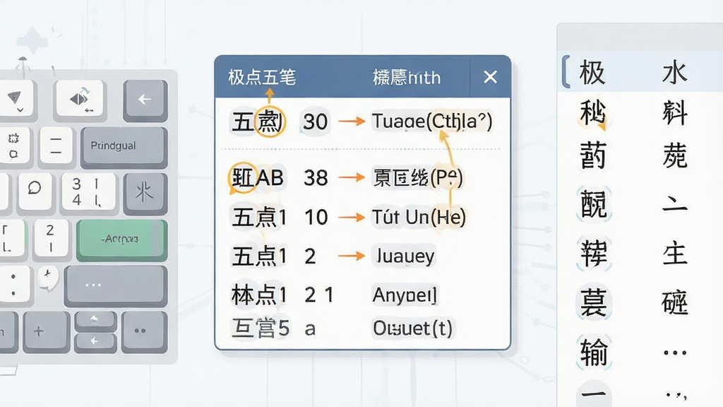 一张表现极点五笔五笔拼音混输功能的示意图,画面中央为输入法候选框特写,框内同时展示五笔编码与拼音输入提示,左侧为键盘按键示意,右侧为汉字候选列表,布局采用左右分栏对比排版,风格为扁平化科技插画风,细节上突出编码与拼音的对应关系,画质清晰锐利,背景干净简约,无多余装饰元素。