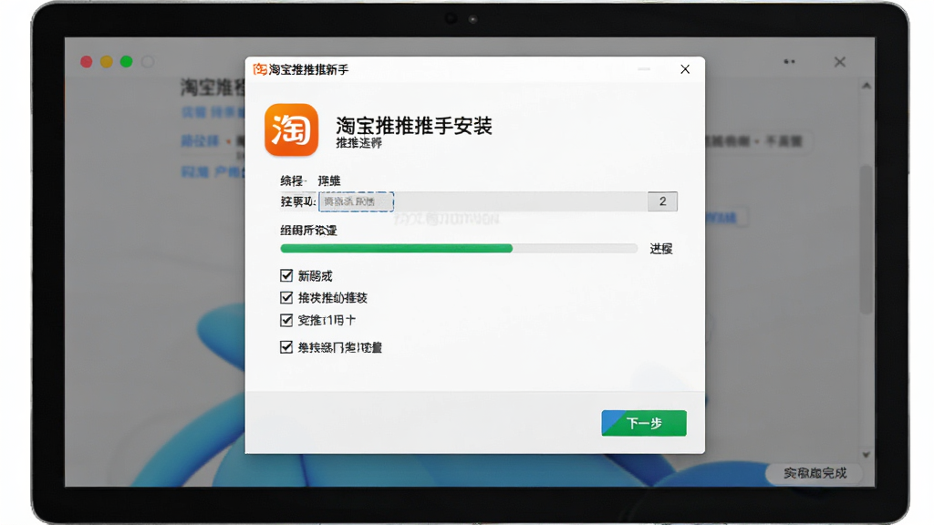 淘宝推推推新手安装设置界面,主体为电脑屏幕上的安装向导窗口,布局包含路径选择、组件勾选与完成按钮,排版居中,风格为简洁安装风格,细节包含淘宝推推推图标、进度条、下一步按钮,画质高清,干净,无多余元素