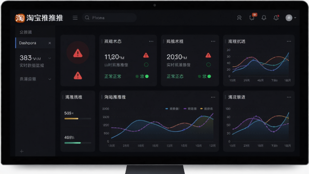 淘宝推推推实时数据监控面板,主体为电脑屏幕上的数据仪表盘,布局包含多个数据卡片与折线图,排版紧凑有序,风格为深色科技风,细节包含淘宝推推推标识、红色预警提示图标、绿色正常状态指示灯,画质高清,干净,无多余元素