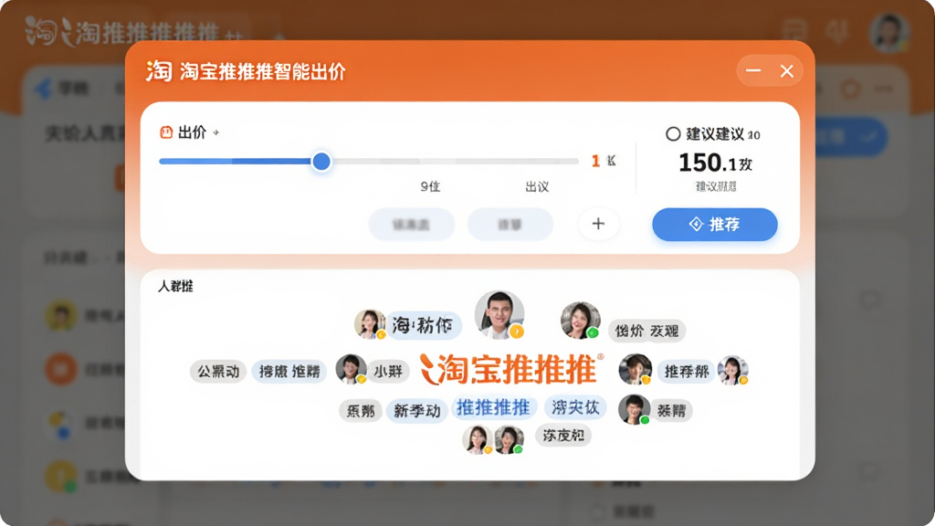 淘宝推推推智能出价推荐界面,主体为软件弹窗面板,布局上方为出价滑块与建议数值,下方为人群标签云,排版左右分栏,风格为柔和圆角风,细节包含淘宝推推推文字、蓝色推荐按钮、人群头像小图标,画质高清,干净,无多余元素