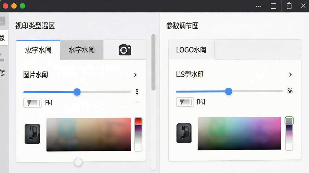 视频水印添加器功能展示图,主体为软件操作界面特写,布局分为左侧水印类型选择区和右侧参数调节区,排版整齐,风格为清爽扁平化设计,细节上展示文字水印、图片水印、Logo水印三个选项卡,每个选项卡下方有对应的调节滑块和颜色选择器,画质高清,干净,无多余元素