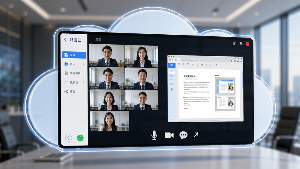 好信云会议软件界面全景展示,主体为一块悬浮的云朵形状屏幕,屏幕内呈现多位参会者视频窗口与共享文档,布局采用左右分栏,左侧为功能导航栏,右侧为会议主画面,排版清晰有序,风格为现代科技商务风,细节包含麦克风、摄像头、聊天图标,画质高清,干净无多余元素,无文字