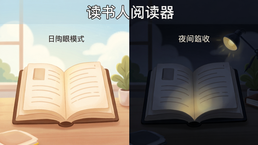 软件名称“读书人阅读器”显示在顶部,画面分为左右两部分,左侧为日间护眼模式,右侧为夜间暗黑模式;布局对称对比,排版清晰;风格为柔和插画风;细节上书本页面有温暖光线和暗色背景的切换效果;画质干净,无多余元素。