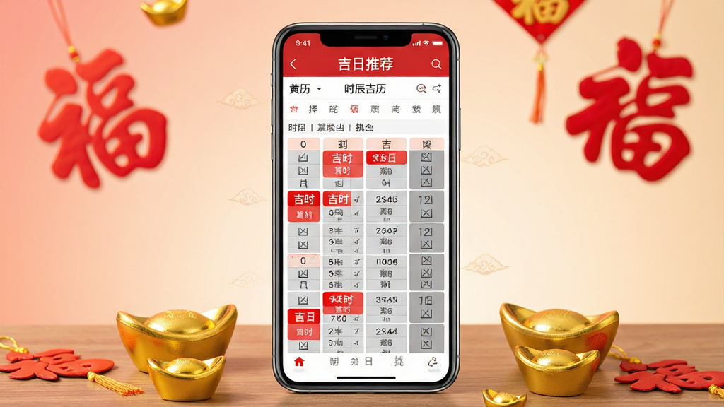 一张展示黄历万年日历吉日挑选功能的图片,画面中一部手机竖立在桌面上,屏幕显示吉日推荐列表与时辰吉凶表格,页面上用红色标注吉时,用灰色标注凶时。手机周围点缀着几个金色的小元宝与红色福字装饰,背景为浅红色与米色渐变,整体风格喜庆吉祥。画面构图居中,主体清晰,画质高清,无多余元素,适合展示软件的择日功能。