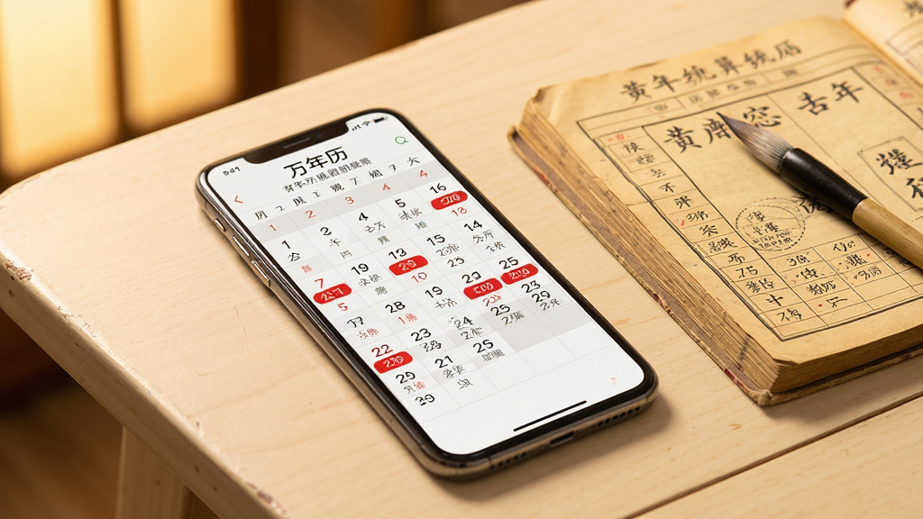 一张展示黄历万年日历万年历换算功能的图片,画面中一部手机平放在浅色桌面上,屏幕显示万年历月份视图,日历格子里同时标注公历数字与农历小字,特殊日期用红色高亮显示。手机旁边放着一本翻开的传统老黄历与一支毛笔,背景为柔和的暖光色调,整体风格温馨怀旧。画面干净整洁,构图自然,画质高清,文字清晰,适合展示软件的万年历功能。