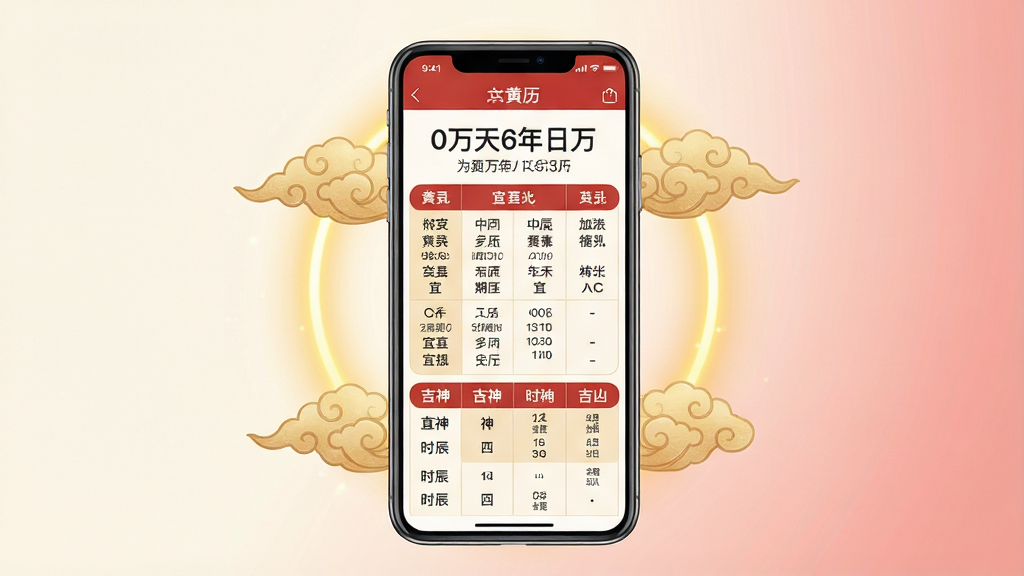 一张展示黄历万年日历手机应用主界面的图片,画面中央是一部竖屏智能手机,手机屏幕上清晰显示着黄历万年日历的日历主页面,页面上方标注着当天日期与农历信息,中间部分展示宜忌事项,下方有吉神方位与时辰吉凶。手机周围环绕着淡淡的金色光晕与中国传统祥云纹样,背景为柔和的米白色与浅红色渐变,整体风格融合传统中国风与现代简约设计。画面干净整洁,无多余元素,画质高清,文字清晰可辨,构图居中对称,适合作为软件下载页面的预览图。