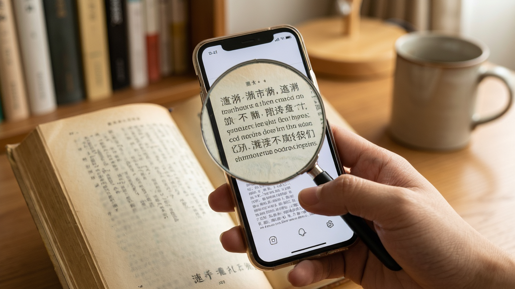 涟漪放大镜新手使用场景,主体为一只手拿着手机对准一本打开的书本上的小字进行放大查看,布局上手机屏幕显示放大后的清晰文字,背景是温馨的室内书桌环境,风格为生活写实风,细节上手指自然握持手机,书本页面微微泛黄,光线柔和,画质清晰干净,无多余元素