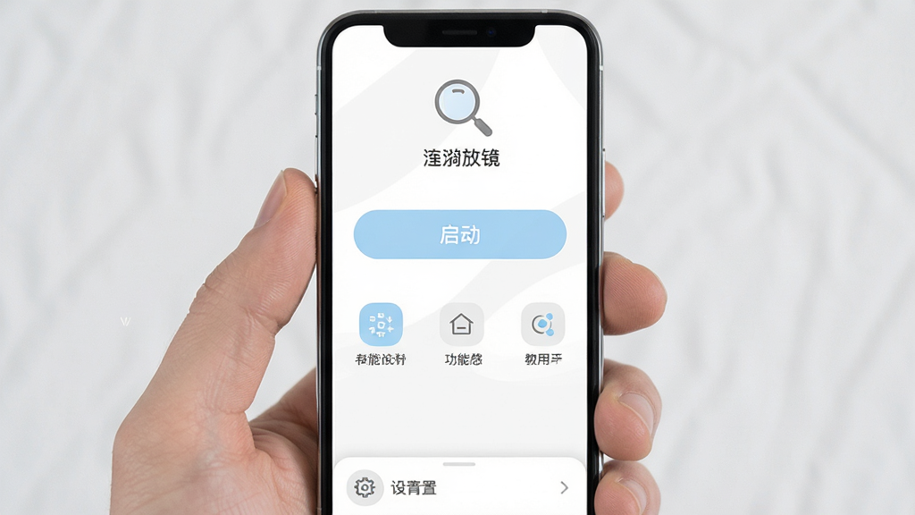 涟漪放大镜应用主界面展示,主体为手机屏幕显示简洁的功能首页,布局上顶部为放大镜图标和软件名称,中部为启动按钮和功能入口,底部为设置选项,风格为极简清新风,细节上配色以白灰为主搭配淡蓝点缀,图标线条简约,画质清晰干净,无多余元素