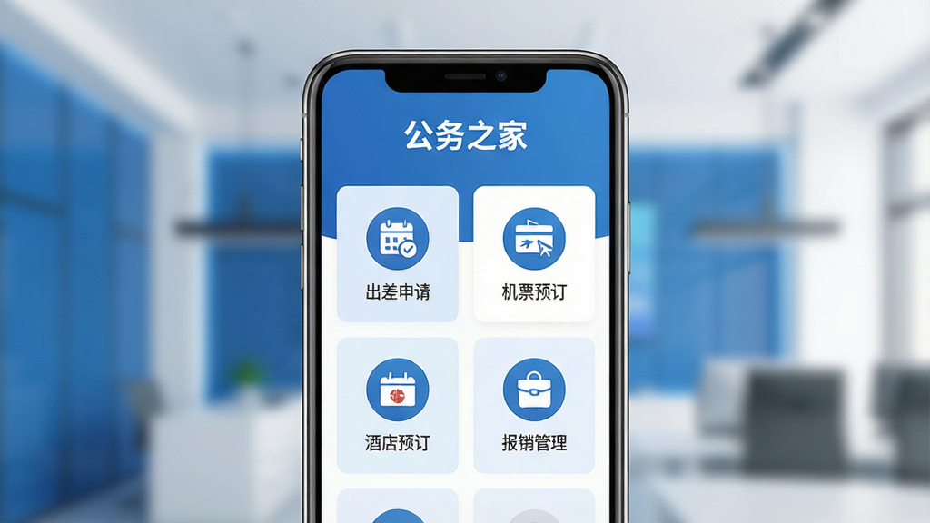 一张展示“公务之家”手机应用主界面的预览图,画面中央是一部竖屏智能手机,屏幕内显示应用首页,顶部有“公务之家”四个字,页面布局包含出差申请、机票预订、酒店预订、报销管理等功能入口图标,背景为简洁的蓝白商务风格,整体排版干净整齐,风格现代简约,细节清晰,画质高清,干净无多余元素