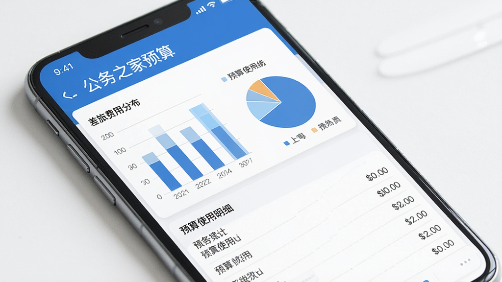 一张“公务之家”预算与数据统计页面的预览图,手机屏幕内显示柱状图和饼状图展示差旅费用分布,下方列出预算使用明细,界面风格为简约商务风,蓝白配色,排版清晰,画质高清,干净无多余元素
