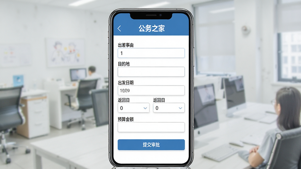 一张“公务之家”差旅申请功能的界面展示图,画面主体为手机屏幕,屏幕内显示出差申请表单,包含出差事由、目的地、出发日期、返回日期、预算金额等填写项,底部有提交审批按钮,界面风格为蓝色商务简约风,布局清晰,排版规整,画质高清,干净无多余元素