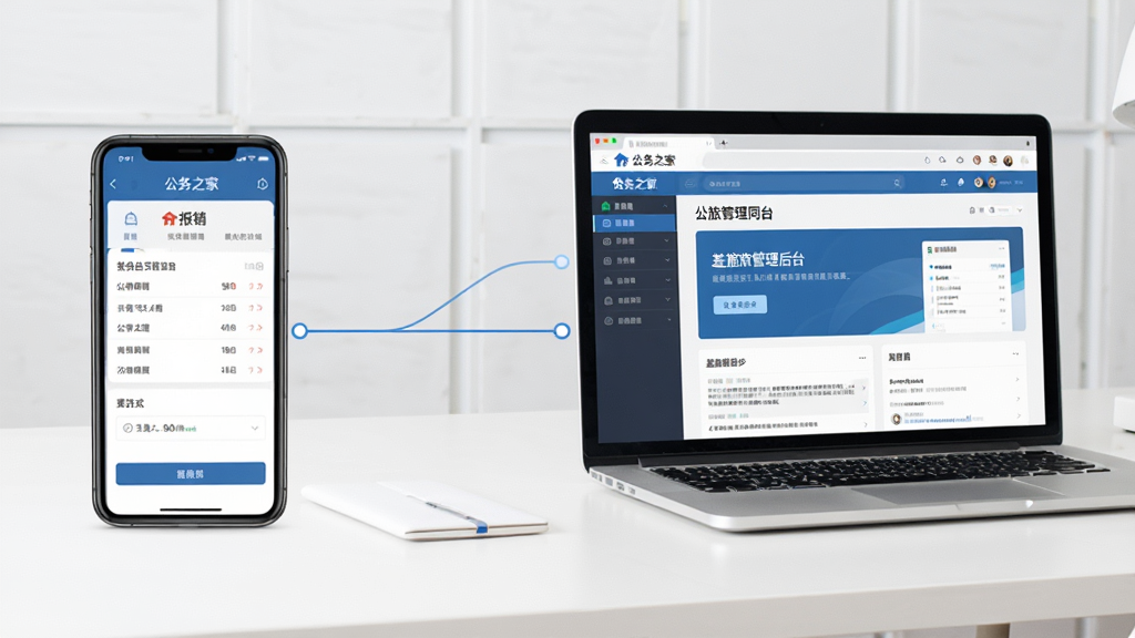 一张展示“公务之家”手机端与电脑端同步使用的场景图,画面左侧为手机屏幕显示报销界面,右侧为笔记本电脑屏幕显示网页版差旅管理后台,两者之间用简洁的连线表示数据同步,背景为干净的浅色办公桌面,风格商务简约,排版清晰,画质高清,干净无多余元素