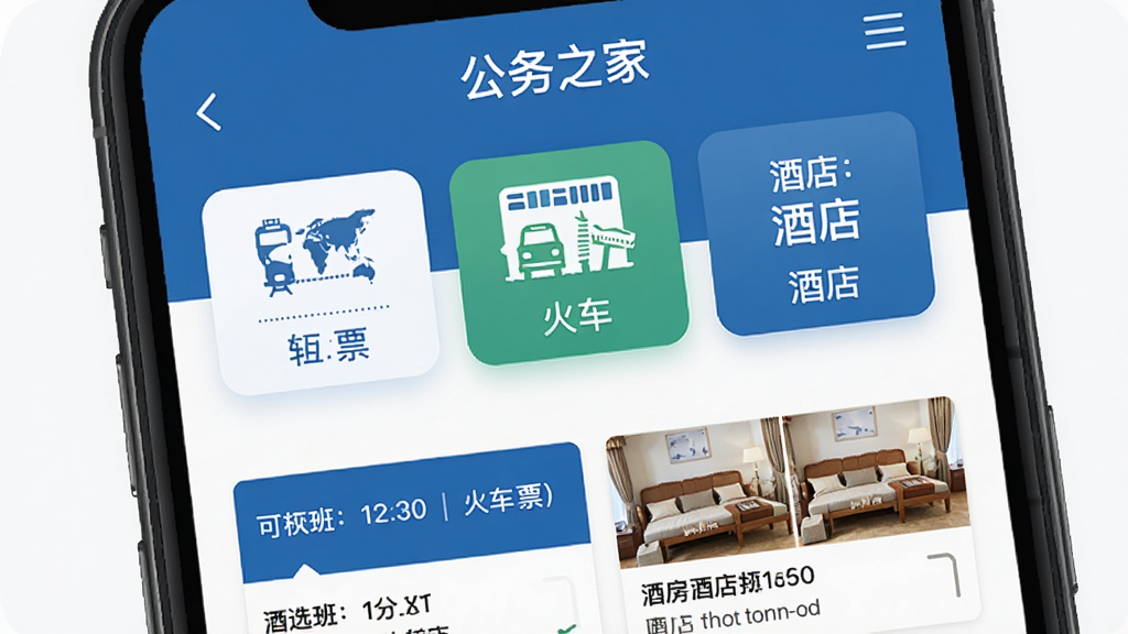一张“公务之家”交通住宿预订页面的预览图,手机屏幕内展示机票、火车票、酒店三个预订入口,下方列出可选班次与酒店房型,界面采用蓝白配色,排版简洁,风格商务,细节清晰,画质高清,干净无多余元素