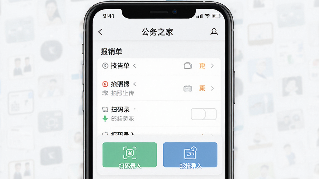 一张“公务之家”报销管理界面的展示图,手机屏幕内显示报销单列表和票据归集区域,包含拍照上传、扫码录入、邮箱导入等按钮,界面排版整齐,风格简洁商务,画质高清,干净无多余元素