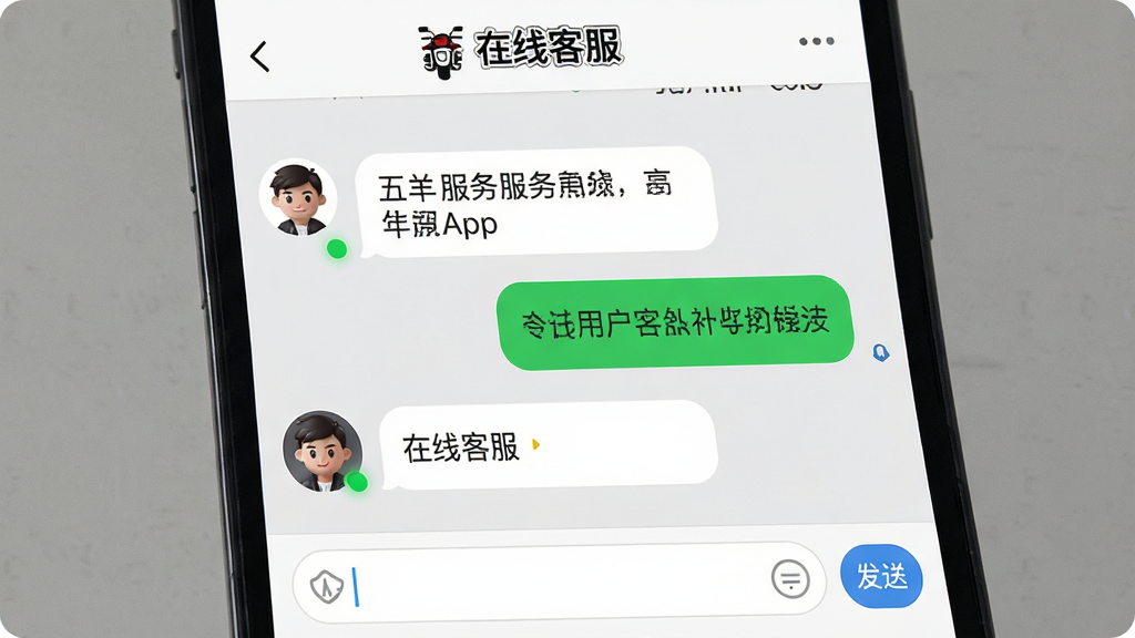 手机屏幕显示五羊本田App在线客服聊天界面,左侧为客服头像与消息气泡,右侧为用户消息气泡,底部有输入框与发送按钮,顶部有