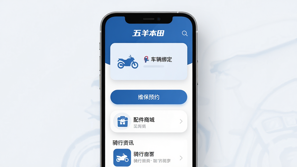 画面中央是一部智能手机,屏幕显示摩托车服务应用界面,顶部有
