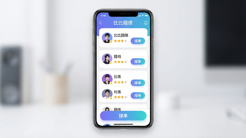 一张展示比比陪练APP核心界面的手机预览图,画面中央是手机屏幕,屏幕内呈现陪练大厅列表页面,包含多位陪练头像、游戏名称标签、评分星级和接单按钮,主体为手机+布局为居中展示+排版为竖屏手机界面+风格为现代简洁科技风+细节为渐变色按钮、圆角卡片、清晰文字标注“比比陪练”、柔和阴影+画质为高清干净无多余元素