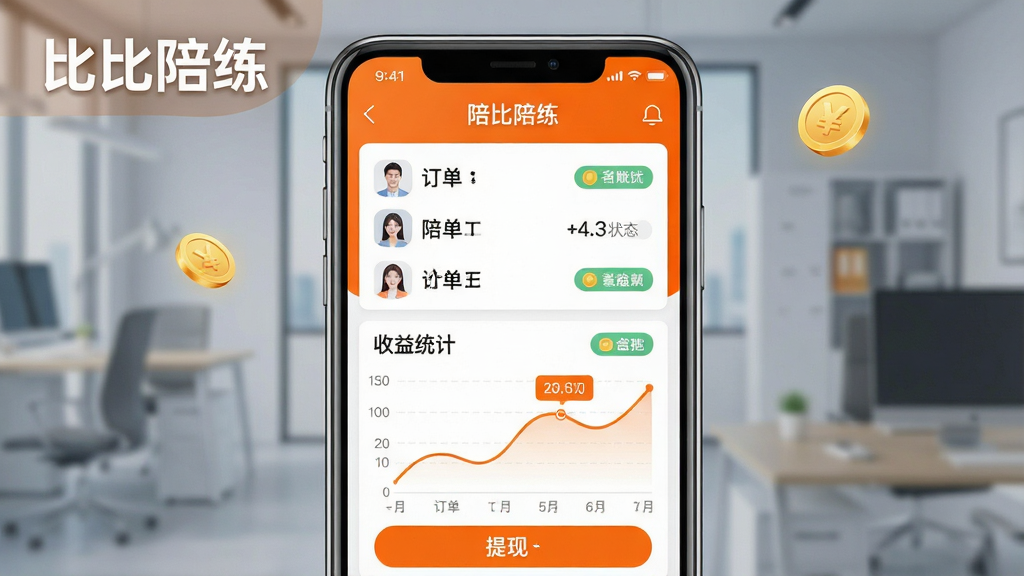 一张展示比比陪练接单赚钱功能的宣传图,画面主体为手机屏幕中显示陪练接单页面与收益统计图表,布局为上下分区+排版为上方订单列表、下方收益曲线图+风格为活力橙色系商务风格+细节为金币图标、收益数字、提现按钮、订单状态标签,文字标注“比比陪练”+画质为高清干净无多余元素