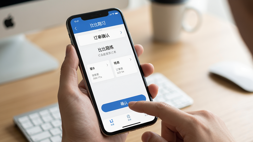 一张展示比比陪练在手机上运行的操作示意图,画面主体为一只手拿着手机,屏幕显示比比陪练应用内的订单确认页面,布局为手持手机特写+排版为竖屏界面+风格为生活化真实场景+细节为手机屏幕清晰显示比比陪练界面、手指点击确认按钮、背景为模糊的桌面环境、柔和光线+画质为高清干净无多余元素