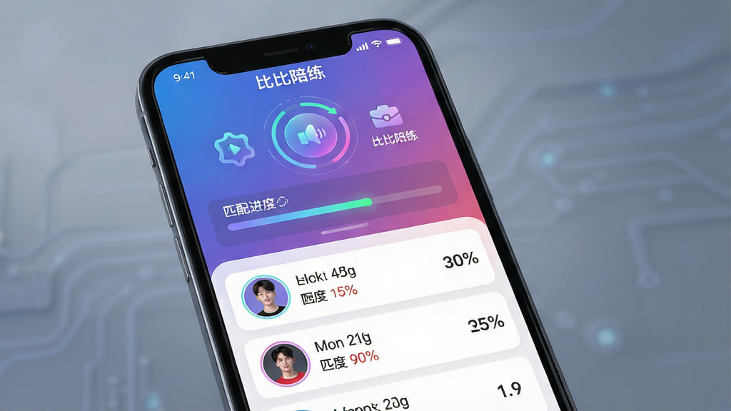 一张展示比比陪练智能匹配功能的界面图,画面主体为手机屏幕中显示匹配进度动画与推荐陪练列表,布局为上下结构+排版为顶部匹配动画、下方推荐列表+风格为科技感渐变风格+细节为匹配图标、进度条、推荐陪练头像、匹配度百分比数字,文字标注“比比陪练”+画质为高清干净无多余元素