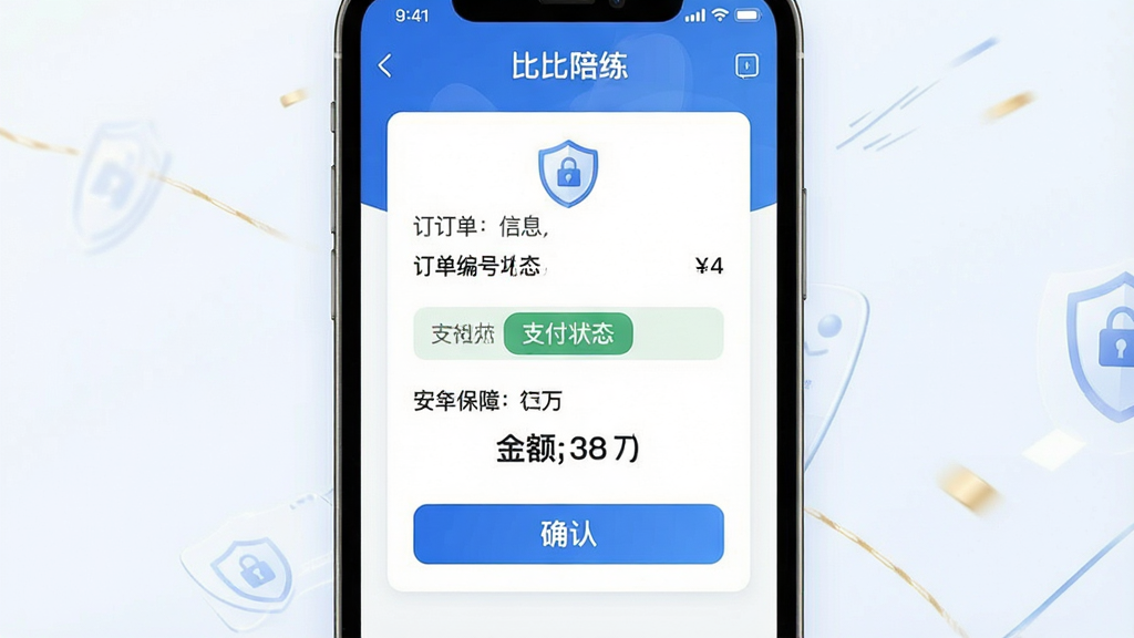 一张展示比比陪练安全交易保障功能的示意图,画面主体为手机屏幕中显示订单详情页与担保交易标识,布局为居中卡片式+排版为订单信息、支付状态、安全保障标签依次排列+风格为蓝色系安全信任风格+细节为盾牌图标、锁形图标、订单编号、金额数字、确认按钮,文字标注“比比陪练”+画质为高清干净无多余元素
