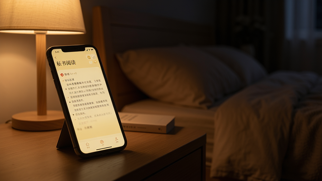 夜晚卧室场景,床头柜上的手机屏幕显示耘书阅读的夜间模式界面,屏幕发出柔和的暖黄色光,背景是昏暗的房间和台灯,整体氛围安静舒适,风格写实温暖,画质高清,屏幕中隐约可见