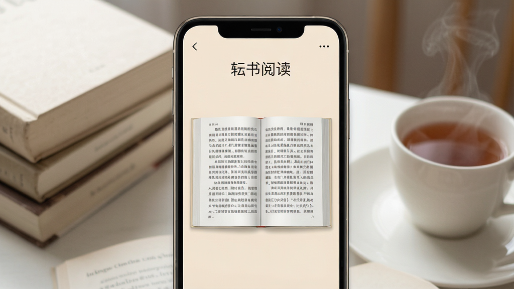 一张手机屏幕正面展示阅读软件界面的高清图片,画面中央是一本翻开的电子书,书页上显示着整齐的中文段落文字,手机背景是柔和的浅米色,周围点缀几本合上的纸质书和一杯冒着热气的茶,整体风格温馨安静,布局居中对称,画质清晰干净,无多余元素,图片上方有