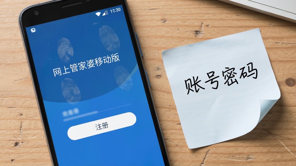 一部安卓手机屏幕上显示“网上管家婆移动版”的登录界面,下方有注册按钮,手机旁边放着一张手写的便签纸写着“账号密码”,背景是木质桌面,布局为斜角俯拍,风格为清新办公风,细节上屏幕有轻微指纹痕迹、便签纸边缘微卷,画质为高清,干净无多余元素