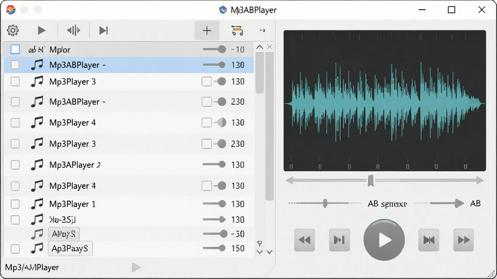 一张展示 Mp3ABPlayer (ab复读软件) 主界面的图片,画面中央是软件窗口,左侧为播放列表区域,右侧为波形显示与AB复读控制面板,界面风格简洁现代,采用浅色主题,窗口标题栏显示软件名称,整体布局清晰,细节丰富,画质干净,无多余元素