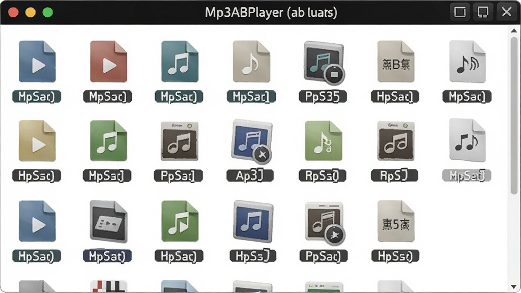 一张展示 Mp3ABPlayer (ab复读软件) 导入多种音频格式的图片,画面中文件列表显示不同类型的音频文件图标,格式标签清晰可见,界面风格清爽,背景为白色,画质干净,无多余元素