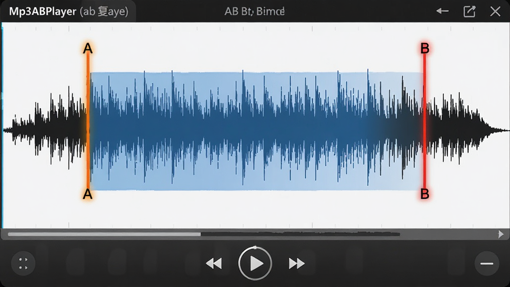 一张展示 Mp3ABPlayer (ab复读软件) 波形界面中AB复读标记的图片,画面中音频波形清晰可见,A点和B点用醒目的彩色竖线标记,中间区域被高亮显示为循环段落,播放控制按钮位于下方,整体风格专业且直观,画质干净,无多余元素