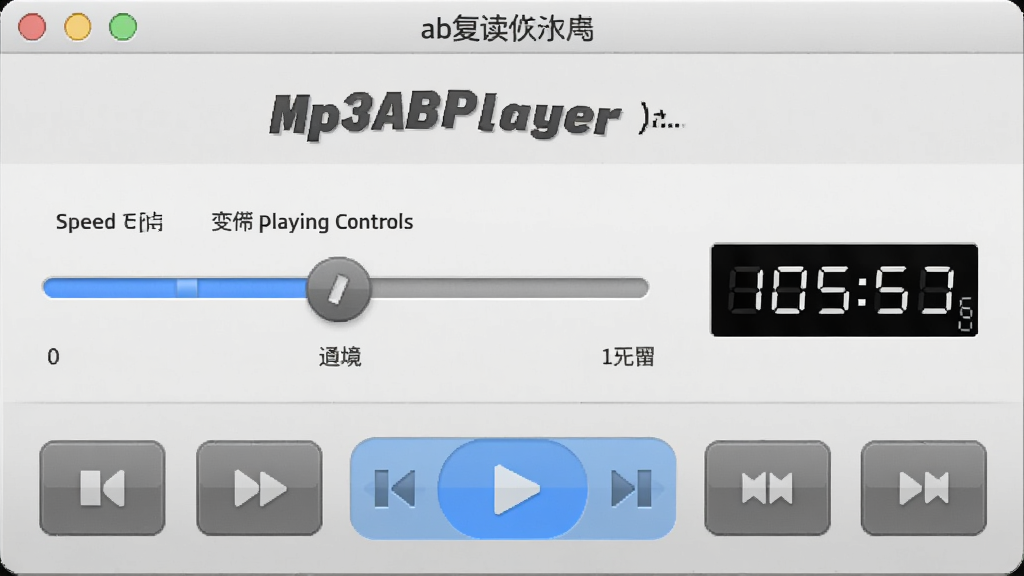 一张展示 Mp3ABPlayer (ab复读软件) 变速播放控制面板的图片,画面中速度调节滑块清晰可见,旁边有速度数值显示,界面风格简洁,背景为浅灰色,控制按钮布局合理,画质干净,无多余元素