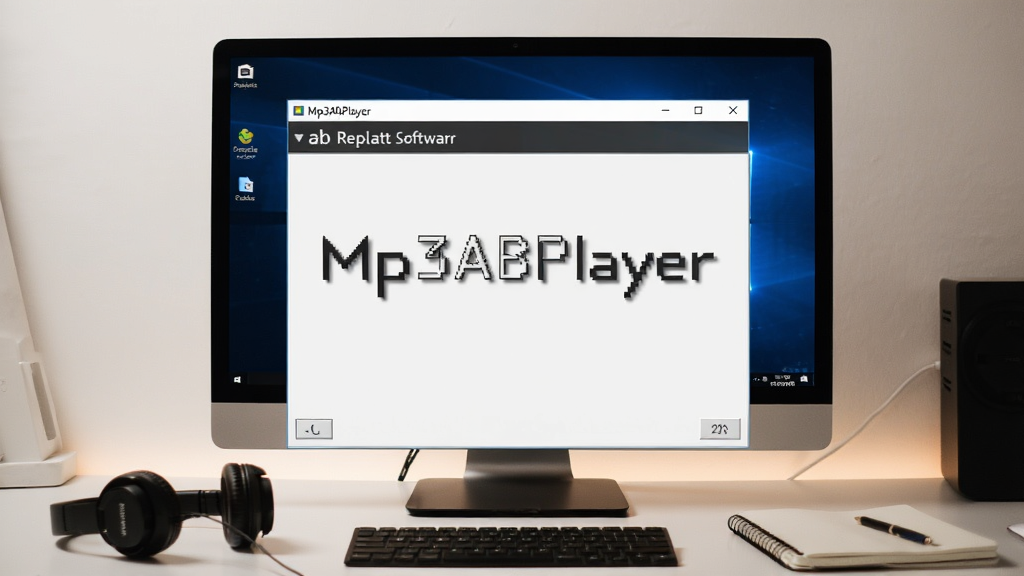 一张展示 Mp3ABPlayer (ab复读软件) 在Windows电脑上运行的场景图,画面中软件窗口占据屏幕中央,旁边有耳机和笔记本,桌面整洁,光线柔和,整体氛围专注学习,画质干净,无多余元素