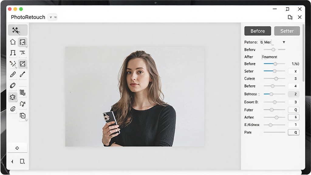 һ��չʾPhotoRetouch���������ͼƬ�������ǵ�����Ļ�ϵ�PhotoRetouch�������ڣ�����Ϊ��๤�������м�ͼƬԤ�������Ҳ����������壬�Ű������ˣ����Ϊ�ִ��Ƽ��У�ϸ�ڰ����޸�ǰ��ĶԱ�Ч����ť�������Ĺ���ͼ�꣬���ʸ��壬�ɾ����޶���Ԫ��