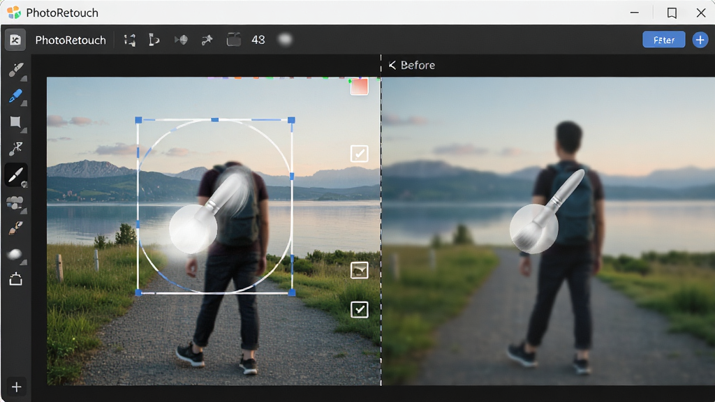 һ��չʾPhotoRetouch�����������幦�ܵ�ͼƬ��������һ�ŷ羰��Ƭ��·�˱������Ĺ��̣�����Ϊ�������������ͼ���Ű�չʾ���ʱ��������������Ч�������Ϊʵ�ù���չʾ��ϸ�ڰ���PhotoRetouch������������ǰ��ĶԱȣ����ʸ��壬�ɾ����޶���Ԫ��