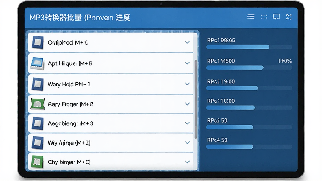 画面展示MP3转换器批量转换进度界面,多个文件列表排列整齐,右侧显示转换进度条,整体采用蓝色调,风格现代简约,文字清晰,画质干净无杂乱元素