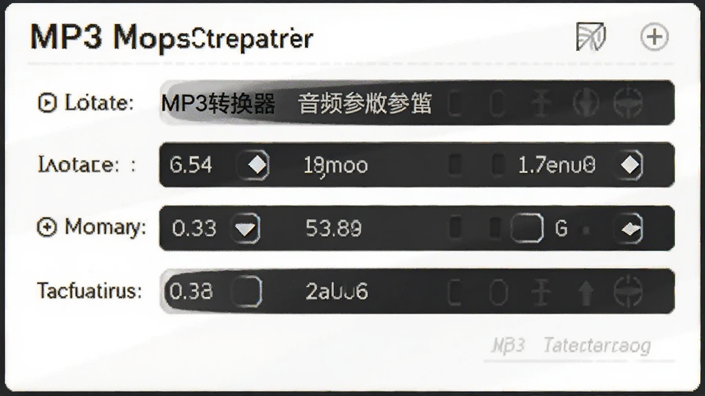 画面展示MP3转换器音频参数设置面板,包含比特率、采样率等选项,背景为白色,风格专业简洁,包含MP3转换器名称,画质高清干净