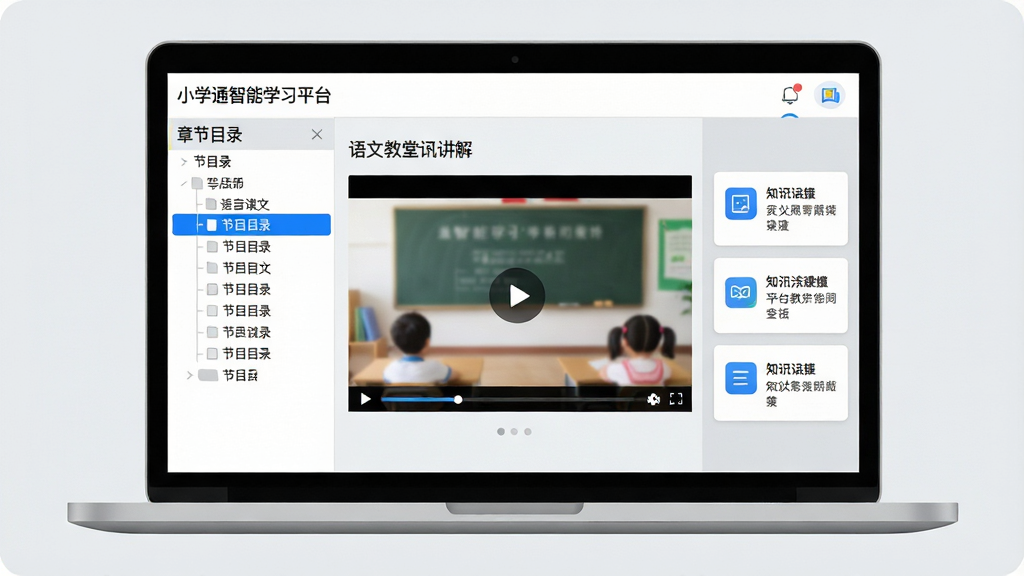 一幅展示小学通智能学习平台教材同步课堂页面的插画,画面主体为一台笔记本电脑屏幕,屏幕中显示语文课文讲解界面,左侧为章节目录树,中间为视频播放区域,右侧为知识点卡片,布局为横向三栏式,风格为清爽教育类界面风格,细节包含蓝色高亮选中状态、简洁图标、浅灰背景,画质高清,画面干净,无多余元素