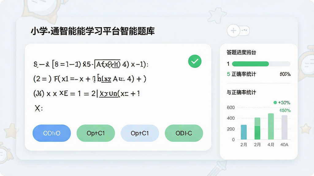 一幅展示小学通智能学习平台智能题库练习界面的插画,画面中央为一道小学数学应用题,下方有四个选项按钮,右侧显示答题进度与正确率统计,整体布局为居中卡片式,风格为现代简洁答题界面风格,细节包括绿色正确标记、浅色背景、圆角按钮、数字统计图表,画质高清,画面干净,无多余元素