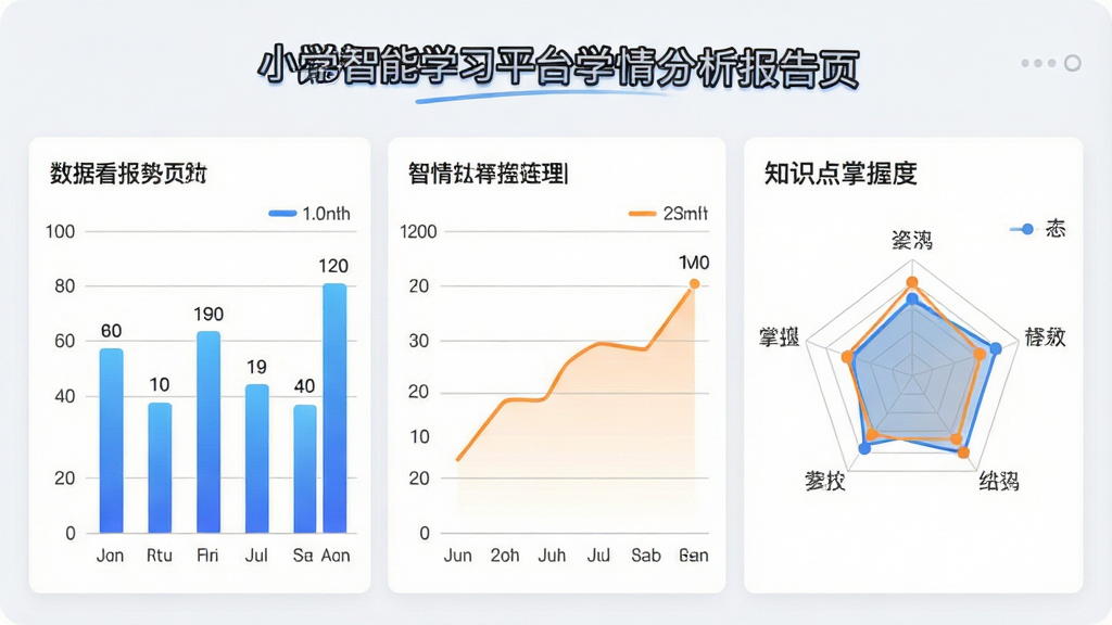 一幅展示小学通智能学习平台学情分析报告页面的插画,画面主体为一份数据看板,包含柱状图、折线图与知识点掌握度雷达图,布局为上下分区结构,风格为数据可视化教育风格,细节包括蓝色渐变柱形、橙色折线、灰色网格线、简洁数值标签,画质高清,画面干净,无多余元素