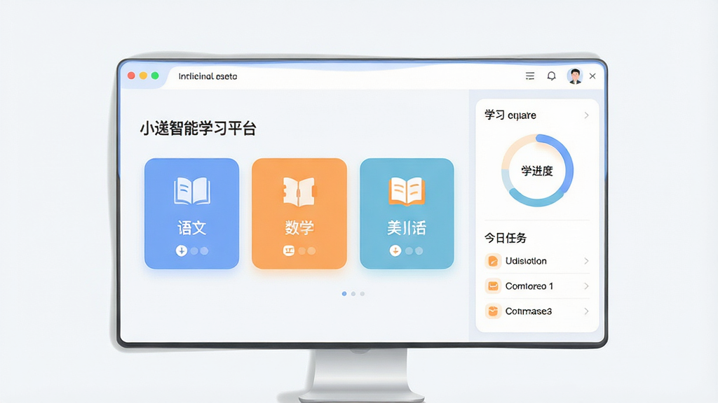一张展示小学通智能学习平台电脑端主界面的插画,画面中央是清晰的软件窗口,窗口内呈现语文、数学、英语三门学科卡片式入口,右侧有学习进度环形图与今日任务列表,整体布局为居中大屏展示,排版干净整齐,风格为现代简约教育类UI风格,细节包括柔和的蓝色与橙色配色、圆角卡片、简洁图标、浅色背景,画质高清,画面干净,无多余元素