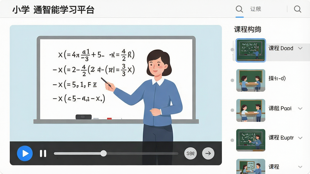 一幅展示小学通智能学习平台名师微课视频播放页面的插画,画面中央为视频播放窗口,窗口内是一位教师在白板前讲解数学题,下方有播放控制条与倍速按钮,右侧为课程列表,布局为左右分栏式,风格为在线教育平台风格,细节包括蓝色播放按钮、灰色进度条、简洁课程缩略图,画质高清,画面干净,无多余元素