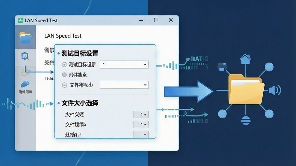 一张展示 LAN Speed Test 软件功能特点的图片。画面中,软件界面被放大,突出显示“测试目标设置”和“文件大小选择”的选项。旁边有一个箭头指向一个网络共享文件夹图标。主体是软件界面和网络图标,布局采用左右对比,排版直观。风格为扁平化科技插画,细节包括清晰的图标、连接线、数据流动的示意。画质清晰,干净,无多余元素。