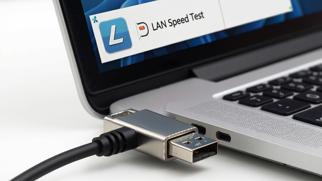 一张展示 LAN Speed Test 软件轻量便携特性的图片。画面中,一个 U 盘插在笔记本电脑上,电脑屏幕上显示着 LAN Speed Test 的图标和运行界面。主体是 U 盘和电脑,布局采用特写视角,排版突出便携性。风格为写实风格,细节包括 U 盘的金属质感、电脑屏幕的清晰显示、软件图标的细节。画质清晰,干净,无多余元素。