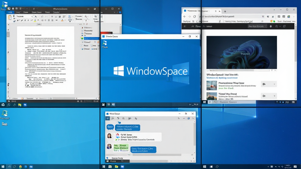一张展示Windows电脑桌面被整齐划分为多个区域的场景图,画面中央是WindowSpace软件界面,左侧显示文档编辑窗口,右侧显示网页浏览器窗口,下方是聊天工具窗口,整体布局井井有条,风格简洁现代,细节清晰,画质干净,无多余元素