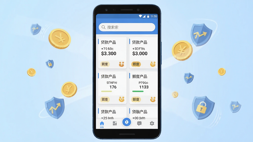 一张展示助融圈APP核心界面的手机样机图,画面中央是一部竖屏安卓手机,屏幕内显示助融圈首页,顶部有搜索栏,中间排列着贷款产品卡片和额度图标,底部导航栏清晰可见。背景为浅蓝色渐变,周围环绕着金币和盾牌的小图标,象征金融与安全。风格为扁平化UI设计,细节干净整洁,画质高清,无多余元素。