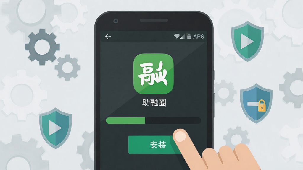 一张展示安卓手机安装APK过程的界面示意图,画面中手机屏幕显示安装进度条和“助融圈”应用图标,旁边有手指点击“安装”按钮的动作。背景为浅灰色,周围有齿轮和盾牌图标。风格为扁平化教程插图,细节清晰,画质干净,无多余元素。