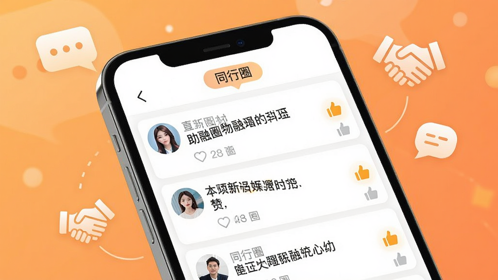 一张展示助融圈APP社区交流界面的手机样机图,画面中手机屏幕显示帖子列表,有用户头像、文字标题和点赞图标,顶部有“同行圈”标签。背景为暖橙色渐变,周围有对话气泡和握手图标。风格为社交应用UI,细节柔和,画质清晰,无多余元素。